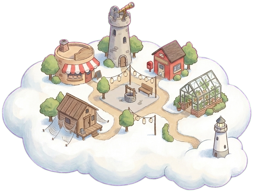 Kumo Village, six little houses on a cloud